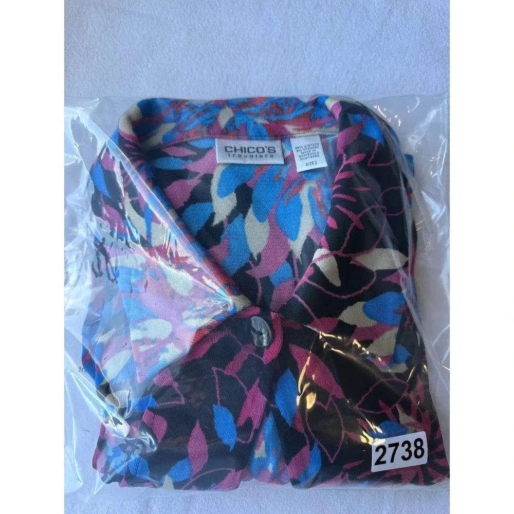 Chico's Travelers Jacket Women Size 2 Multicolor Floral Knit Open Front Casual